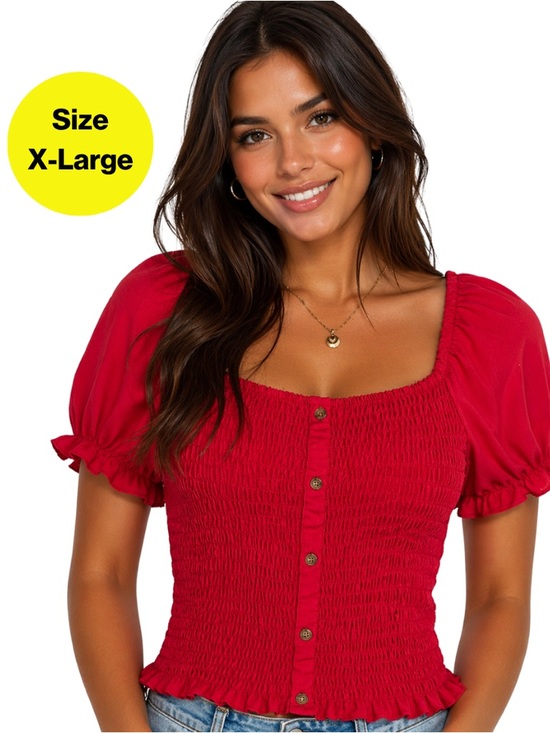 No Boundaries Tops - 3/for $15 🍒 Red Smocked Puff Sleeve Crop Top Blouse (Womens X-Large)
